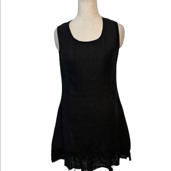 Pure Venice Black Lace Trim Linen Mini Dress Medium - Picture 1 of 5